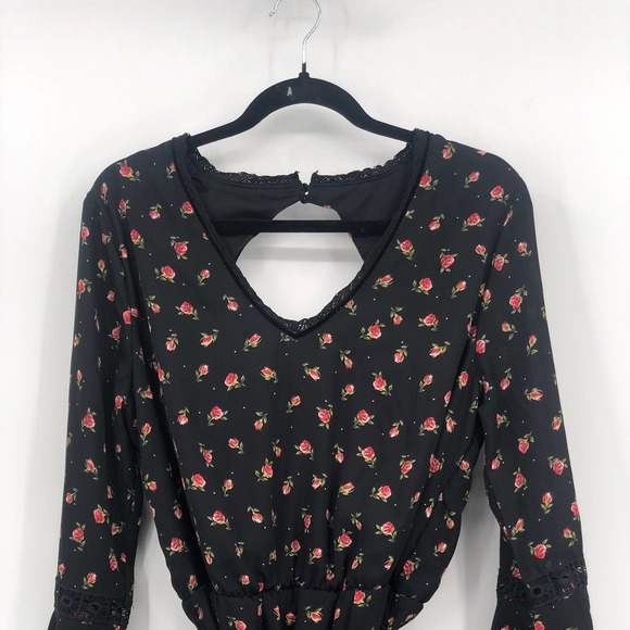 Disney Princess Dress Floral Tie Waist Flounce Sleeve Smocked Open Back Black XL - Picture 2 of 11